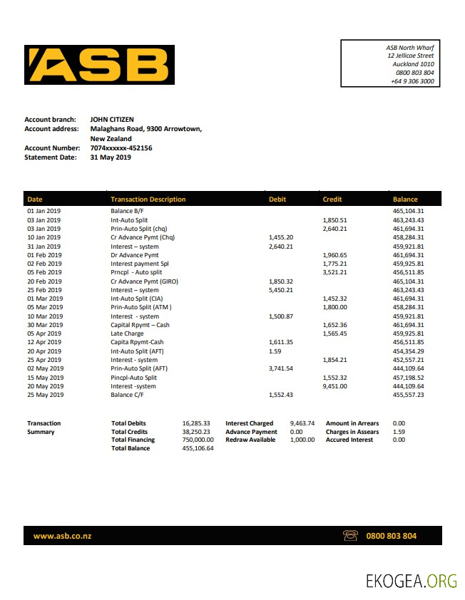 Relevé bancaire ASB de Nouvelle-Zélande template Relevé bancaire ASB de Nouvelle-Zélande template
